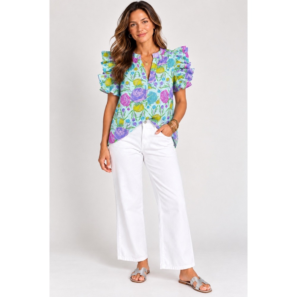 Emily McCarthy Poppy Peony Flutter Sleeve Top XL Blue Floral Boho Coastal Boho